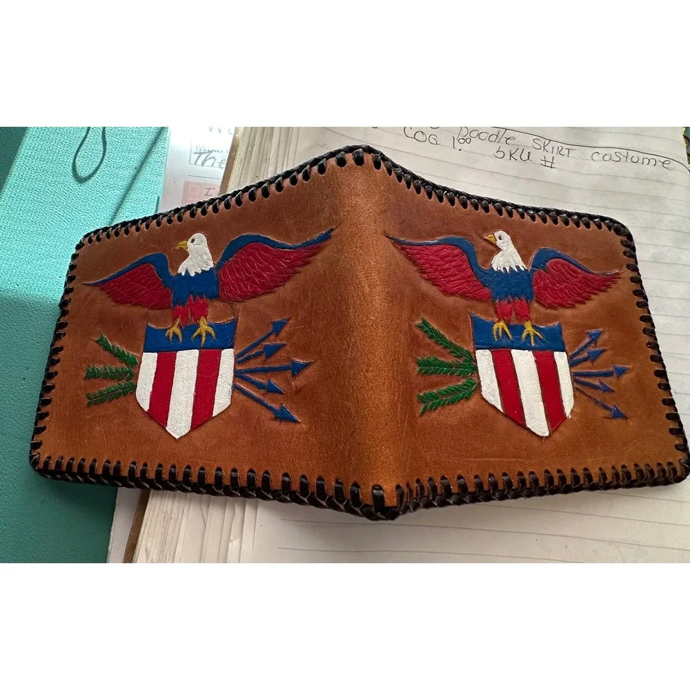 Hand Tooled Leather Bifold Wallet American Eagle Shield Whipstitch‎ Tan Brown